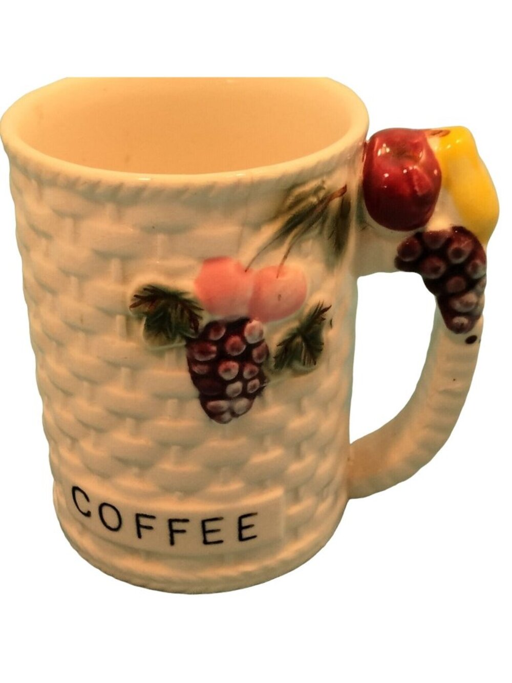 Vintage Ceramic Coffee Mug Fruit Handle Textured Basket Weave Design